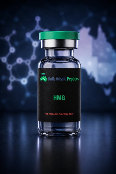 HMG research peptide vial: laboratory photography, Australian research supply