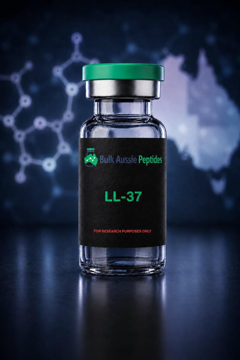 LL-37 research peptide vial: laboratory photography, Australian research supply