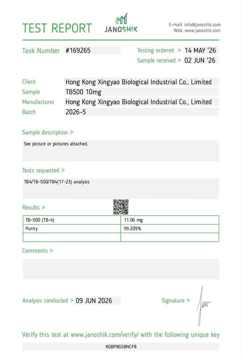 Janoshik Analytical certificate of analysis for TB500 (Thymosin B4) 10mg x10, batch 2026-5: purity 99.209%.
