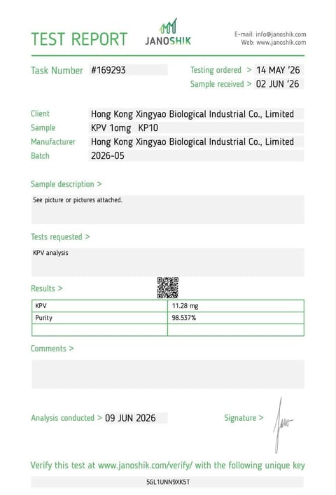 Janoshik Analytical certificate of analysis for KPV 10mg x10, batch 2026-05: purity 98.537%.