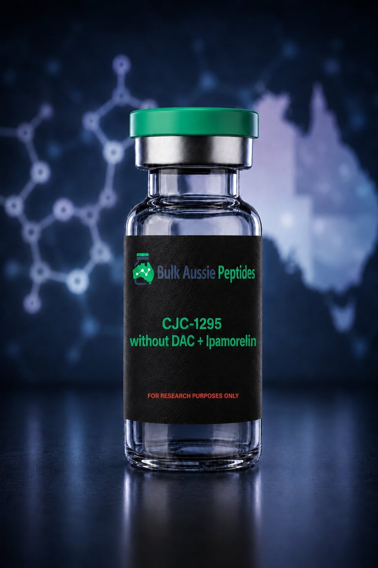 CJC-1295 no DAC 10mg + IPA 10mg research peptide vial: laboratory photography, Australian research supply