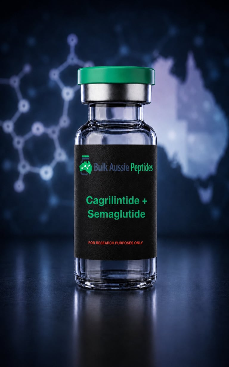 Cagrilintide 5mg + Semaglutide 5mg research peptide vial: laboratory photography, Australian research supply