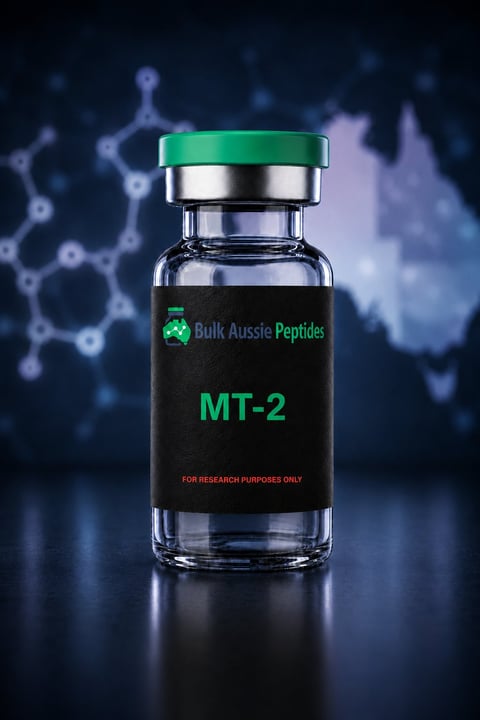 MT-2 (Melanotan 2) research peptide vial: laboratory photography, Australian research supply
