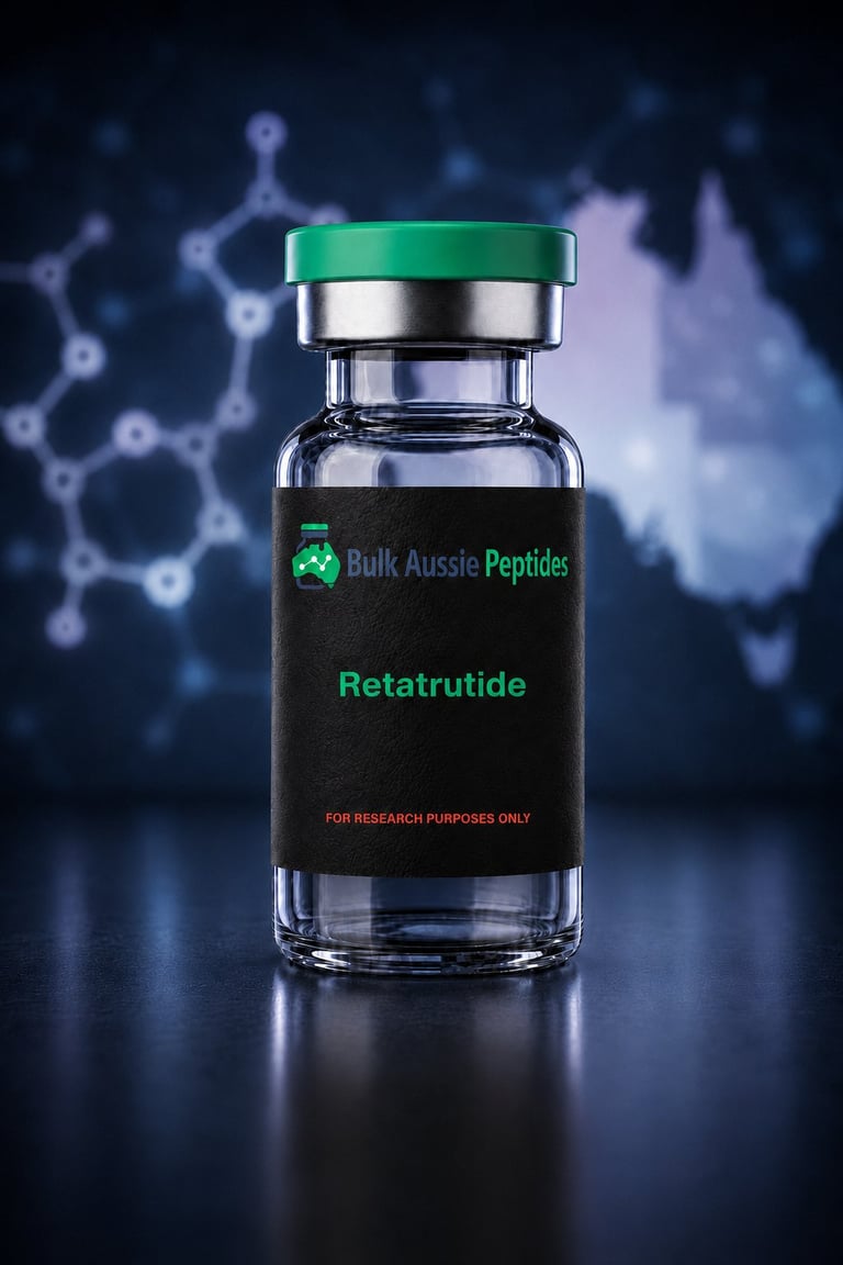 Retatrutide research peptide vial: laboratory photography, Australian research supply