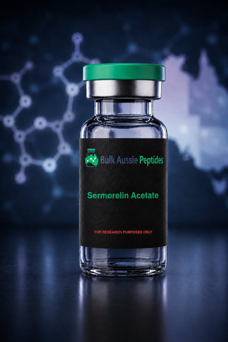 Sermorelin Acetate research peptide vial: laboratory photography, Australian research supply