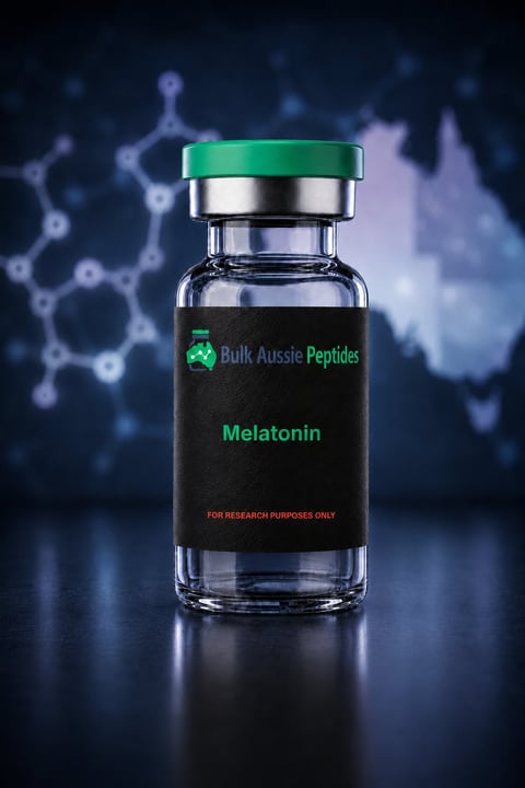 Melatonin research peptide vial: laboratory photography, Australian research supply