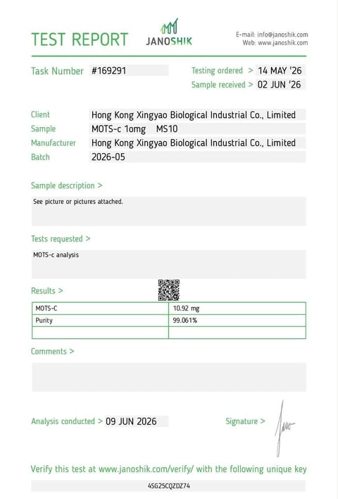 Janoshik Analytical certificate of analysis for MOTS-c 10mg x10, batch 2026-05: purity 99.061%.