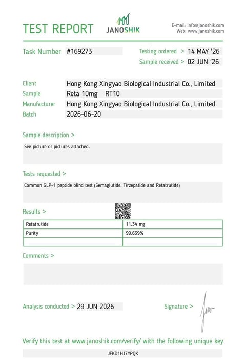 Janoshik Analytical certificate of analysis for Retatrutide 10mg x10, batch 2026-06-20: purity 99.639%.