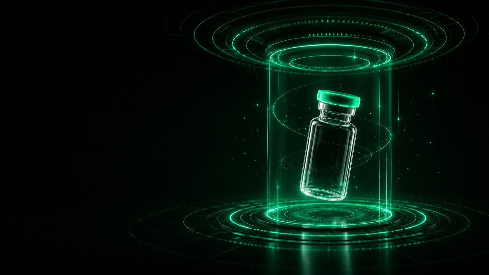 Neon glowing glass vial with green holographic rings