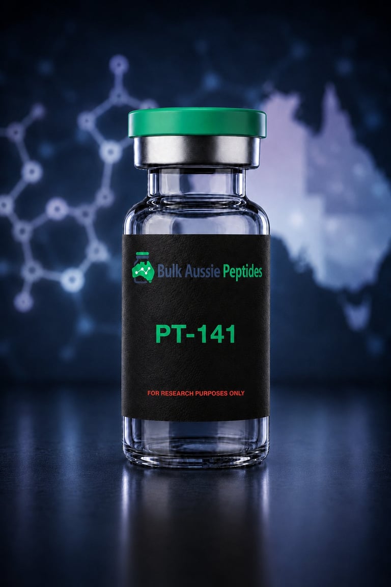 PT-141 research peptide vial: laboratory photography, Australian research supply
