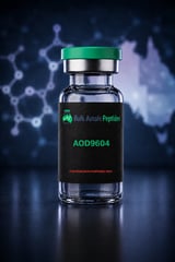 AOD9604 research peptide vial: laboratory photography, Australian research supply