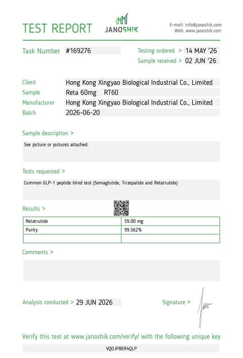 Janoshik Analytical certificate of analysis for Retatrutide 60mg x10, batch 2026-06-20: purity 99.562%.