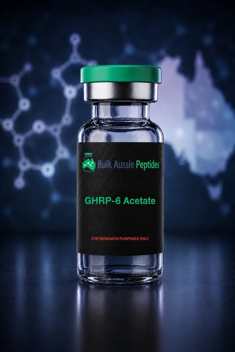 GHRP-6 Acetate research peptide vial: laboratory photography, Australian research supply