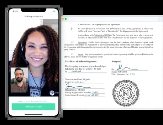 Smartphone showing video call interface with woman smiling, next to official certificate document with signatures and state seal