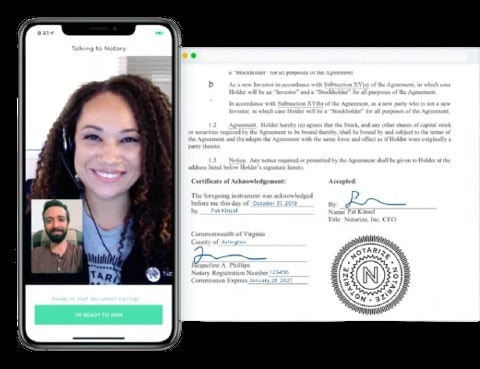 Smartphone showing video call interface with woman smiling, next to official certificate document with signatures and state seal