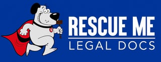 Rescue Me Legal Docs logo featuring a cartoon dog wearing a red superhero cape on a blue background