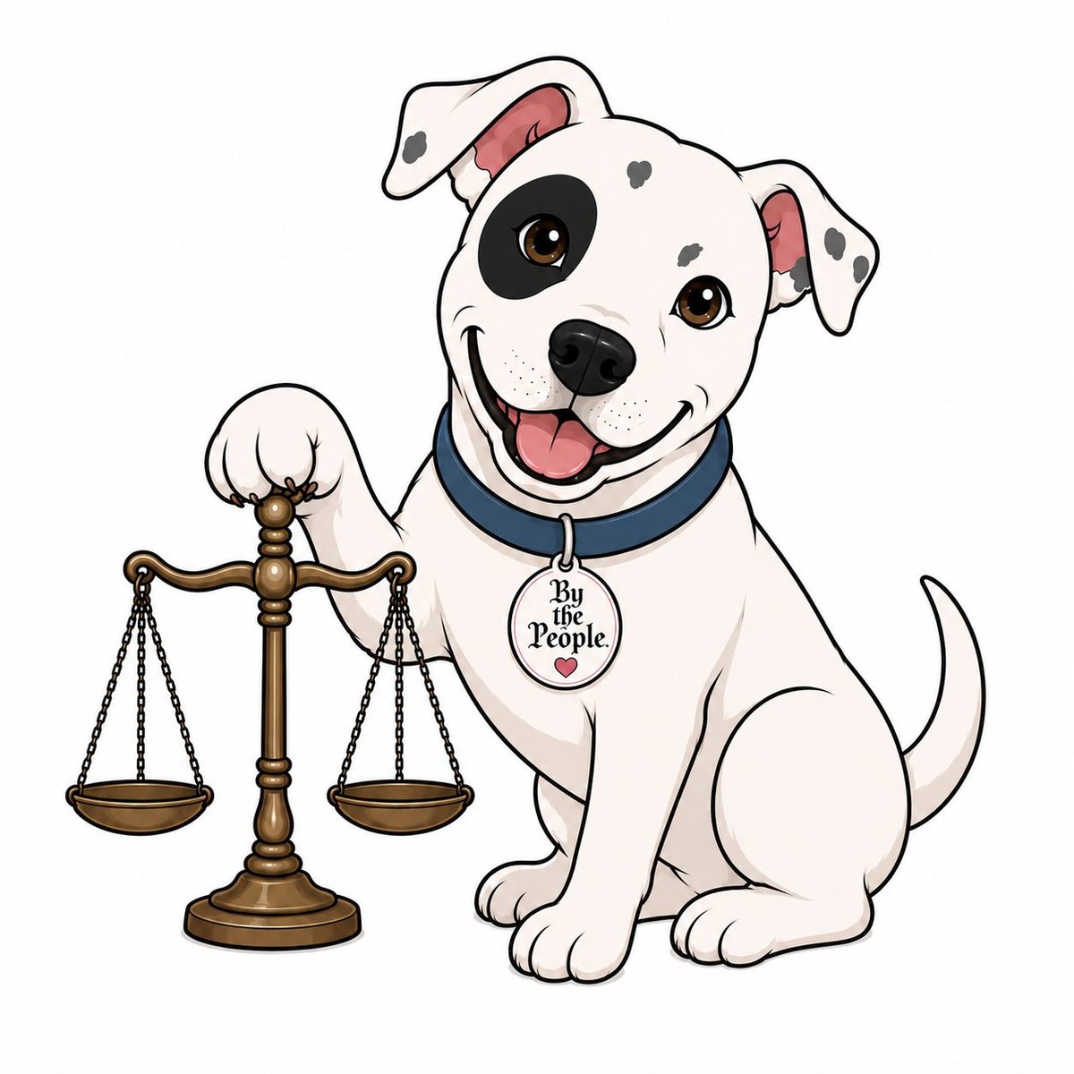 White cartoon dog with red and brown patches wearing blue collar and I Love People tag, standing next to brass scales of justice