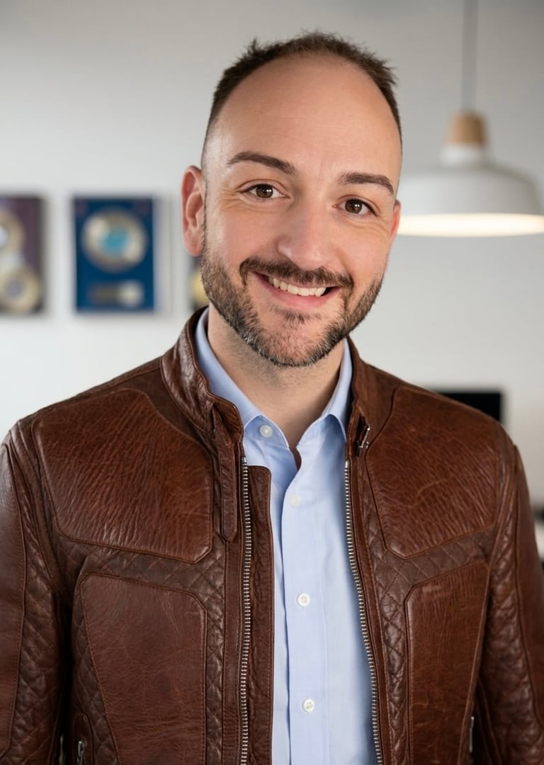 Smiling man with dark hair and beard wearing a brown leather jacket over a light blue shirt in an office setting