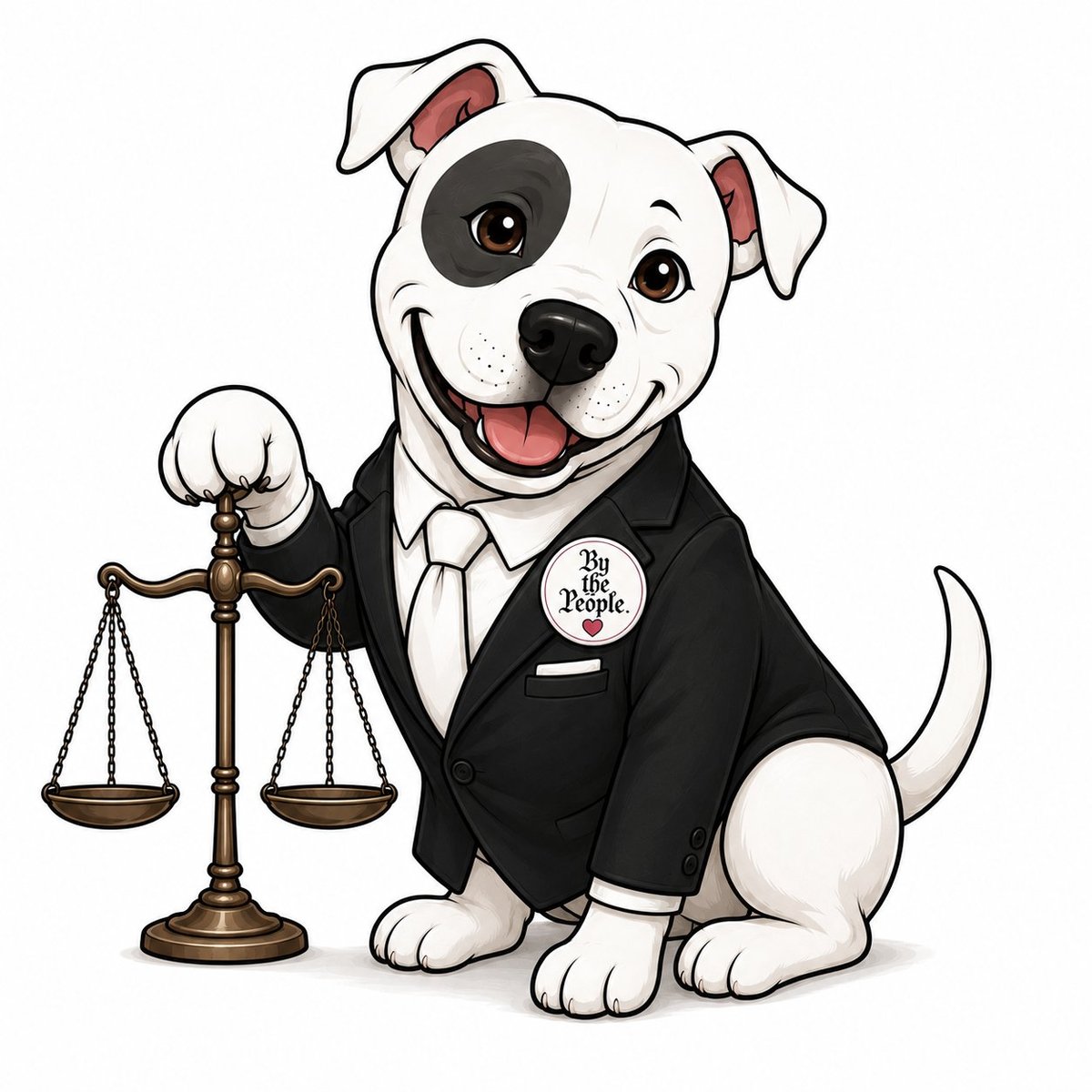Mascota de By The People — perro de dibujos animados en traje sosteniendo balanza de justicia