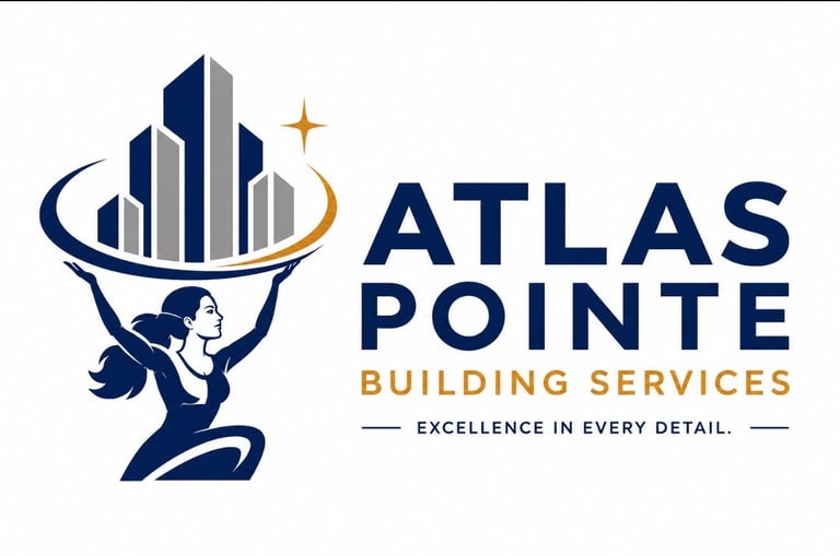Atlas Pointe Building Services logo featuring a woman holding buildings with tagline Excellence in Every Detail