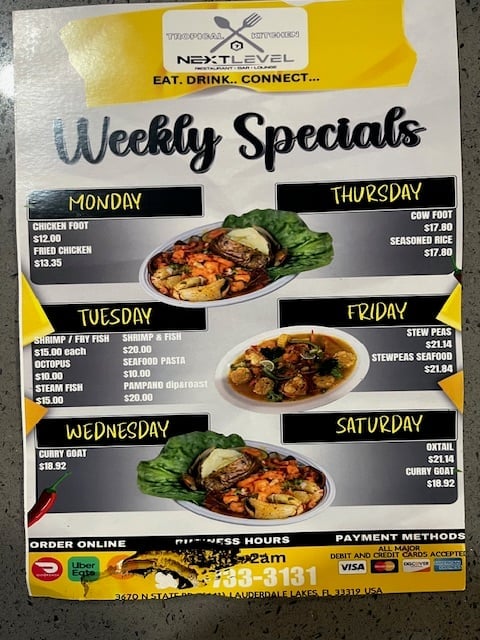 Weekly specials menu for Next Level restaurant featuring daily food deals with images of cooked dishes and pricing information