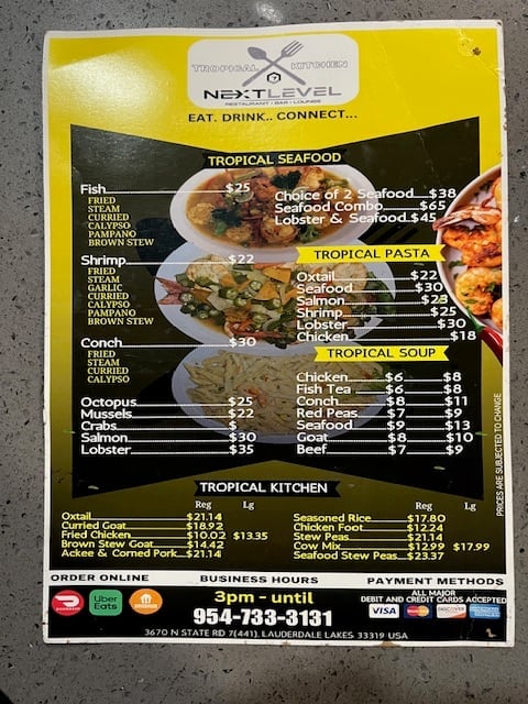 Yellow and black restaurant menu for Next Level Tropical Seafood featuring fish, shrimp, conch, pasta, soup and kitchen items with prices