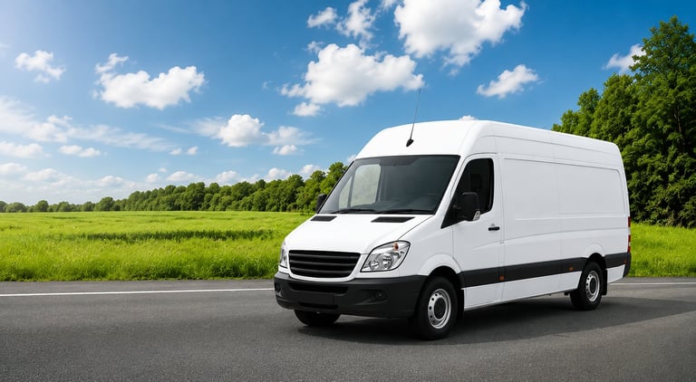 White commercial van parked on a road with green fields and blue sky
