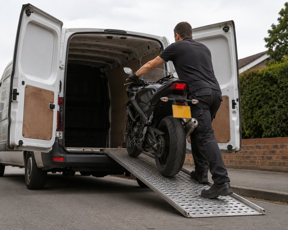 Man loading a motorcycle onto a white van using a metal ramp