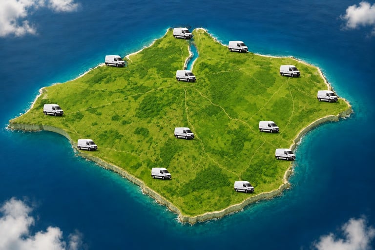 Aerial view of a green island surrounded by blue ocean water with multiple white ambulances positioned across the island