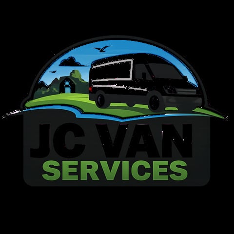 JC Van Services logo featuring a van illustration with green hills and blue sky backdrop