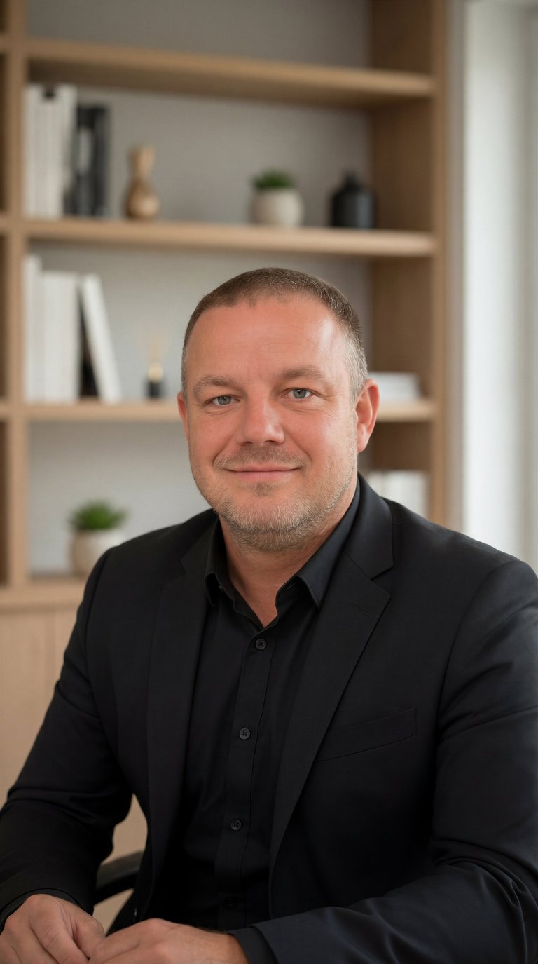 Professional headshot of a middle-aged man wearing a black blazer and shirt, smiling at the camera with wooden shelving in the background.