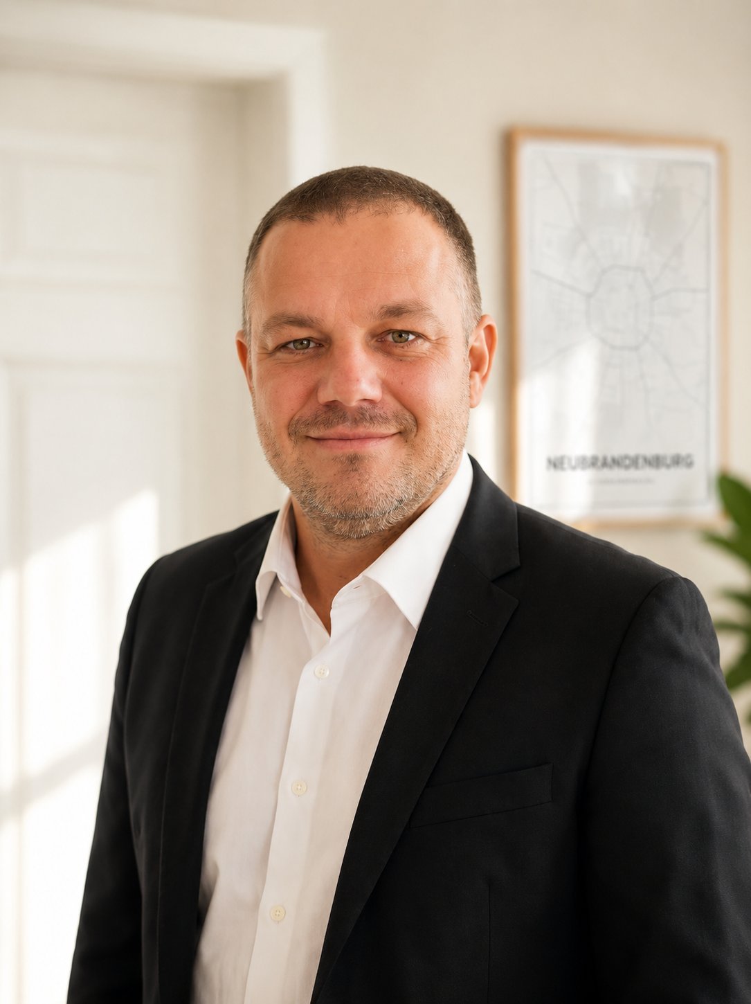 Portrait von Thomas Baasch im schwarzen Blazer und weißen Hemd, lächelnd in einem modernen Büro