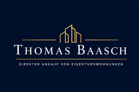 Thomas Baasch Logo mit Gebäude-Symbol und Text "Direkter Ankauf von Eigentumswohnungen" auf dunkelblauem Hintergrund