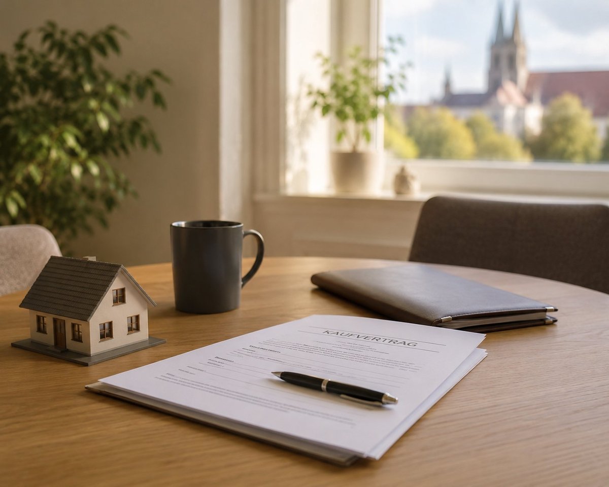 Real estate office desk with mortgage documents, pen, model house, coffee mug, and city view through window