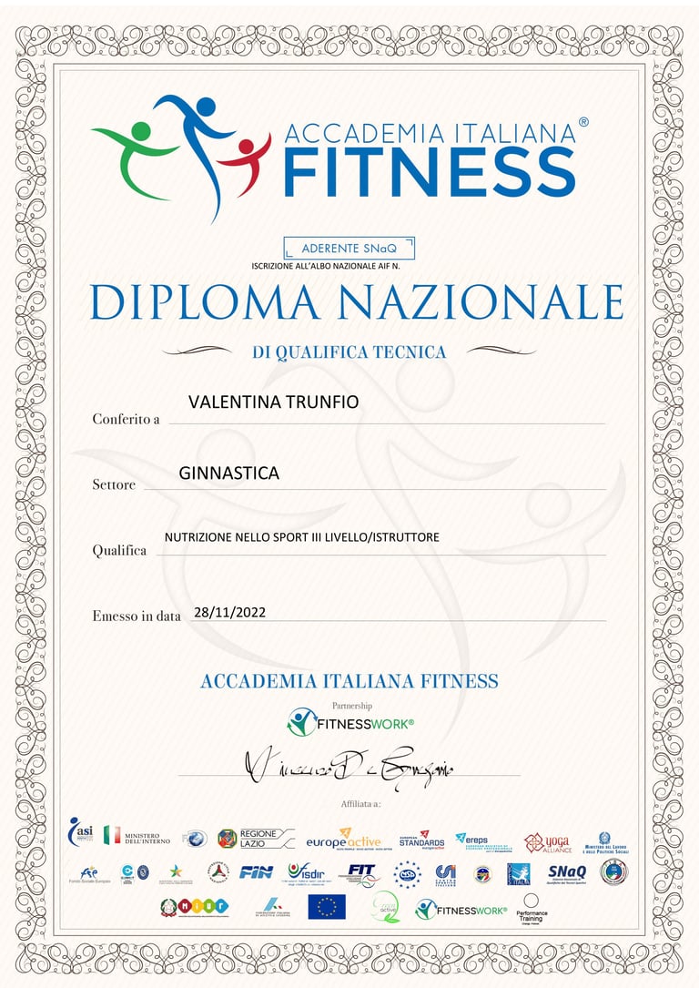 Attestato di Partecipazione Regione Lazio — Corso Nutrizione nello Sport, 24 ore, Accademia Italiana Fitness, Valentina Trunfio