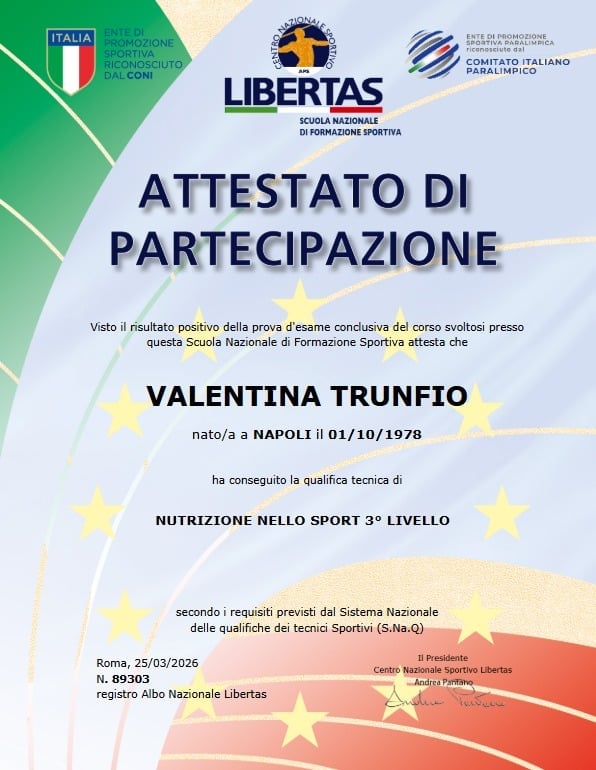 Certificato Libertas scuola — completamento corso nutrizione sportiva, Valentina Trunfio, 25 Marzo 2026
