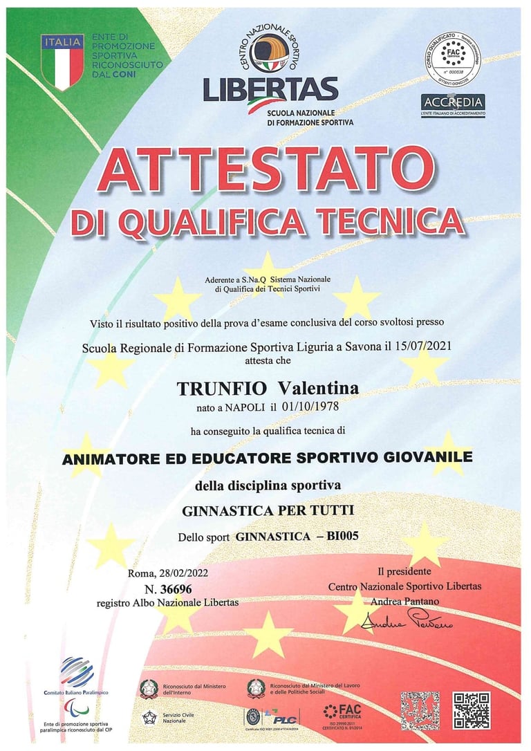 Certificato di qualifica sportiva Libertas — istruttore di ginnastica Valentina Trunfio, 28 Febbraio 2022