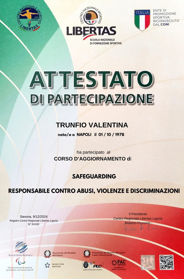 Attestato formazione safeguarding — prevenzione abusi, violenza e discriminazione, Valentina Trunfio