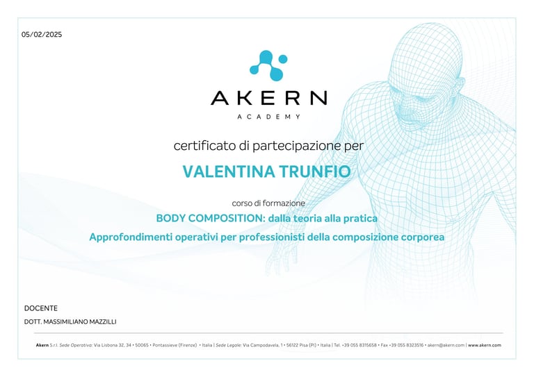 Certificato Akern Academy — Body Composition dalla teoria alla pratica, Dott. Massimiliano Mazzilli, 05/02/2025