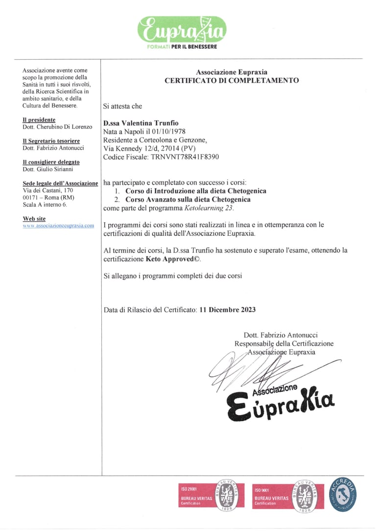 Certificato Associazione Eupraxia — Keto Approved© per la D.ssa Valentina Trunfio, 11 Dicembre 2023