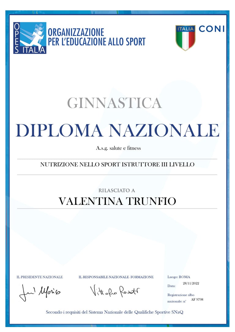 Diploma Nazionale OPES — Ginnastica, Nutrizione nello Sport Istruttore III Livello rilasciato a Valentina Trunfio, Roma 28/11/2022