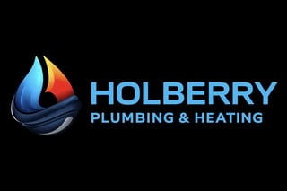 Holberry Plumbing & Heating logo featuring a water droplet with blue, red, and yellow colors on black background