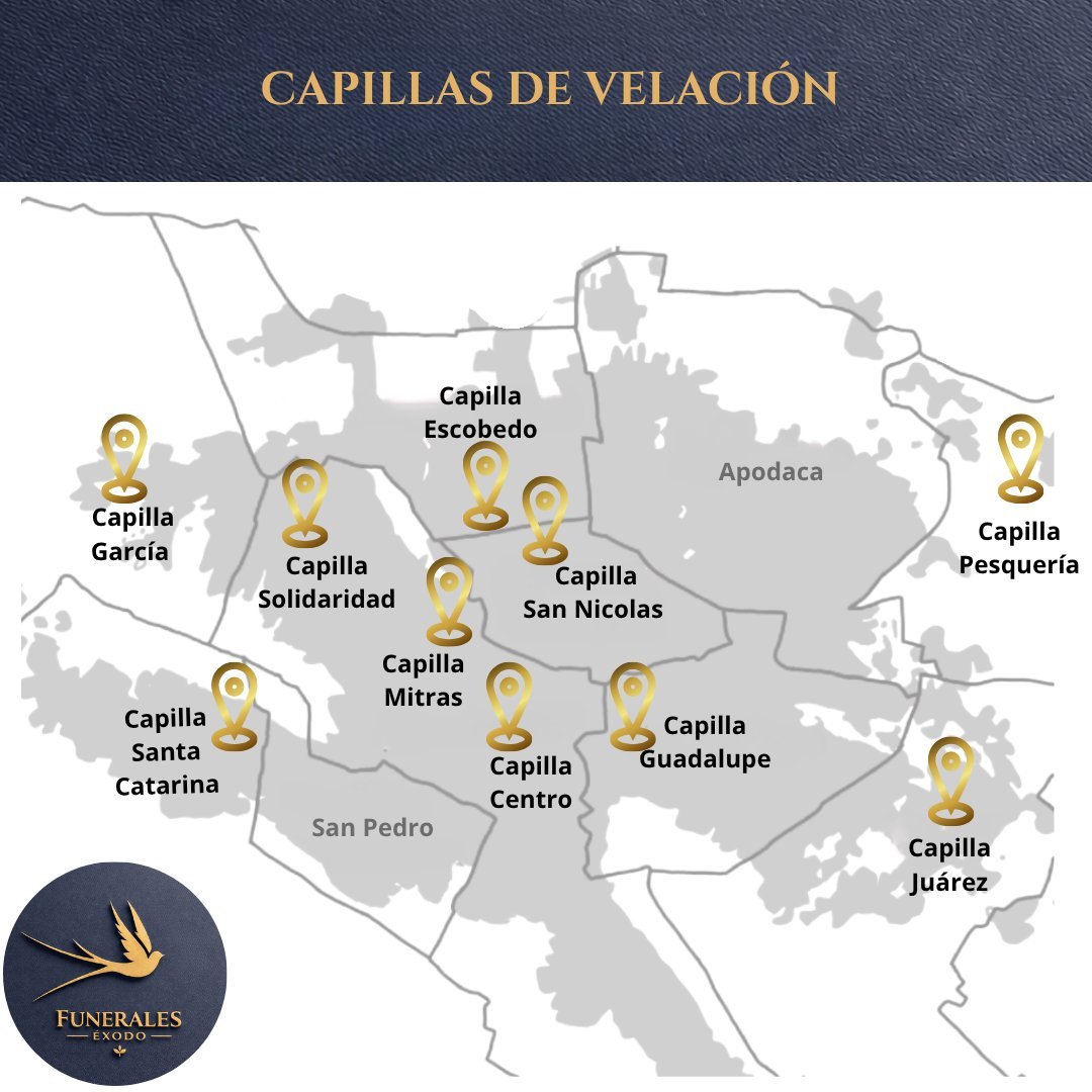 Mapa de las 10 capillas de Éxodo Funerales en la Zona Metropolitana de Monterrey
