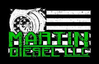 Martin Diesel LLC logo featuring a turbocharger with American flag design and green text on black background