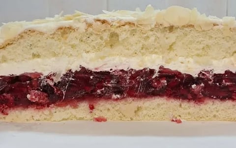 Cross-section of a layered cake with vanilla sponge, white frosting, and dark red jam filling