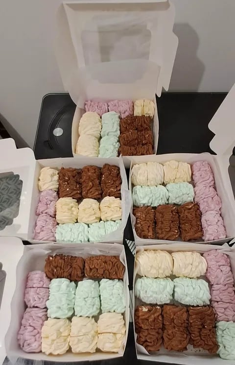 Multiple boxes of assorted brownies in pink, vanilla, mint, and chocolate varieties arranged for display or delivery