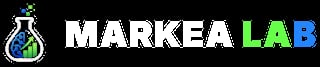 Markea Lab logo featuring a beaker with blue and green liquid and text in white and green colors