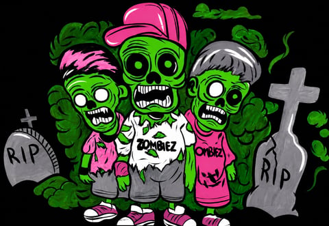 Three green zombie cartoon characters with pink accents surrounded by RIP gravestones, with the word ZOMBIEZ on the center figures shirt