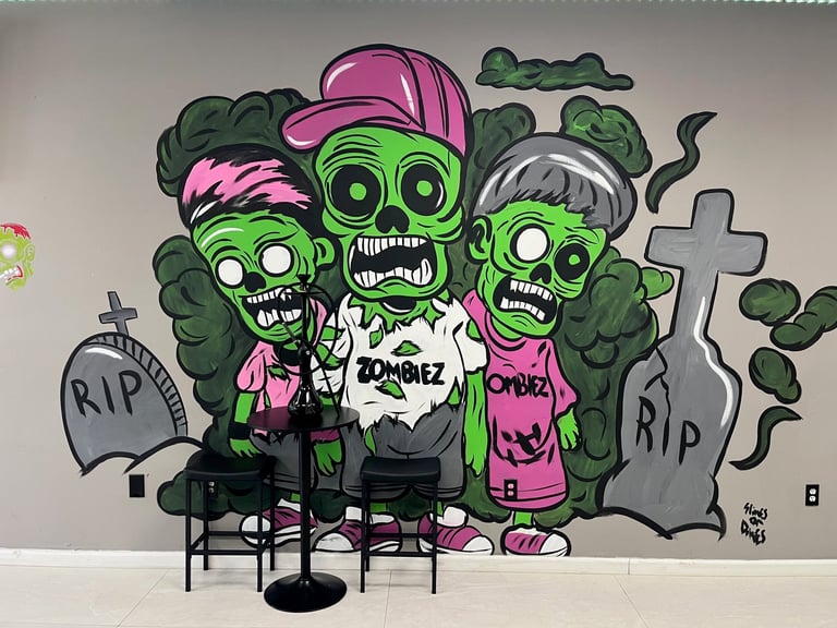 Colorful street art mural featuring three zombie characters in bright green and pink with a graveyard theme including tombstones and crosses