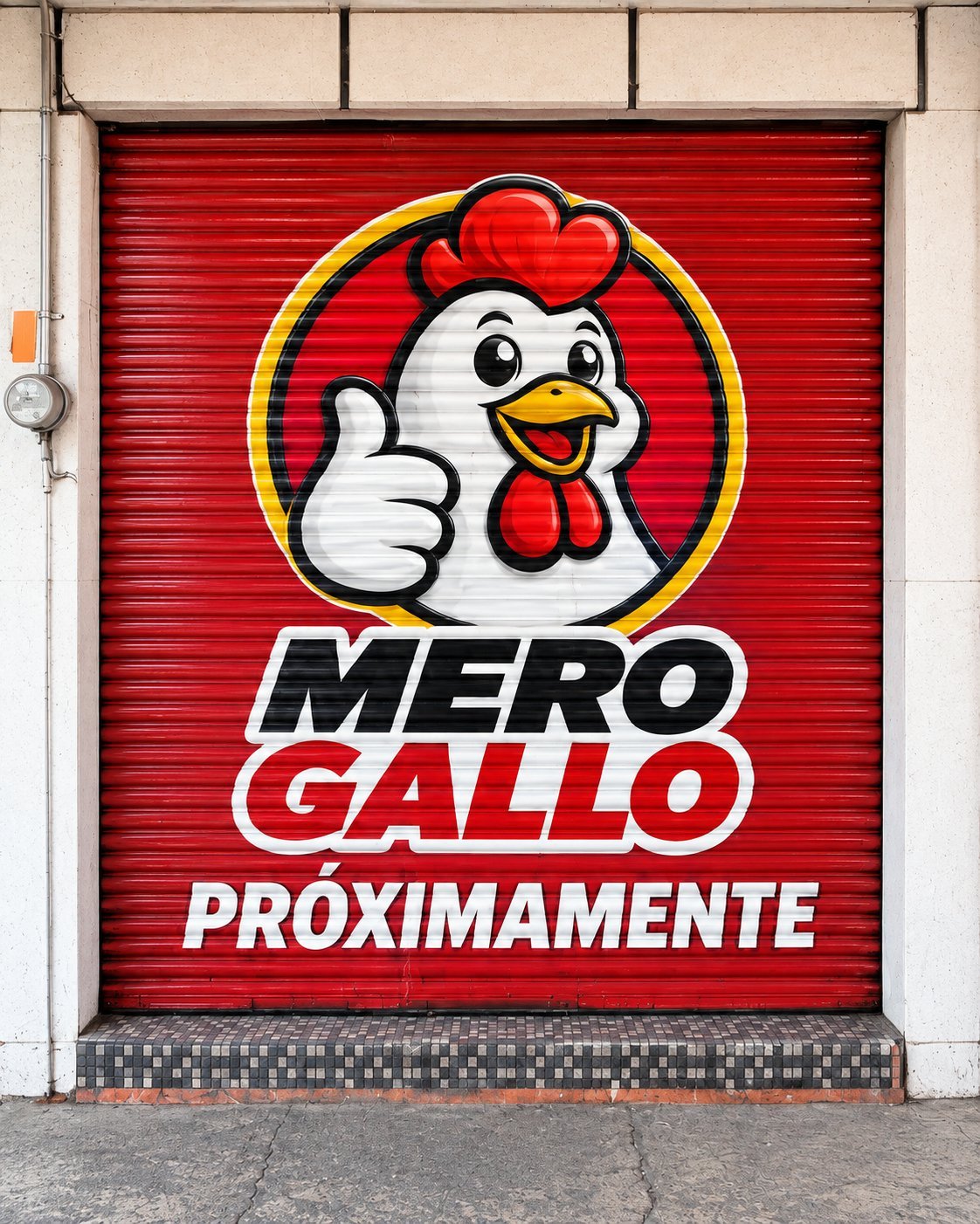Cortina metálica roja con el gallo oficial de Mero Gallo y el texto Próximamente